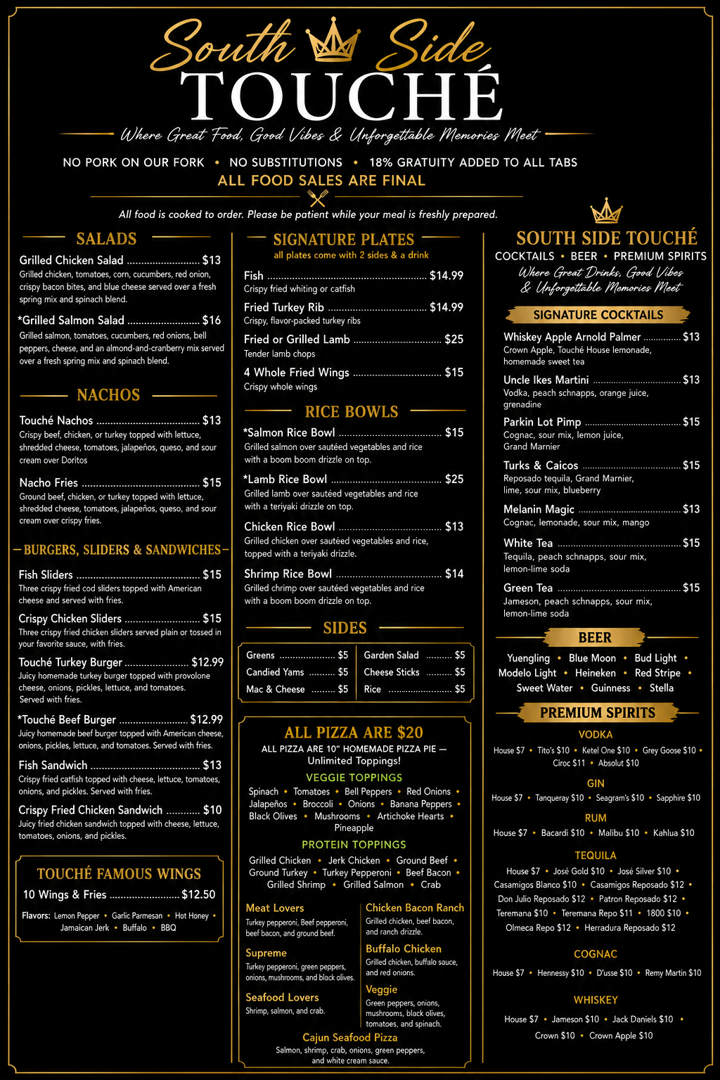 South Side Touché full printed menu — salads, nachos, burgers, wings, signature plates, rice bowls, sides, pizzas, cocktails, beer and premium spirits